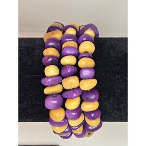 Purple and Beige Beaded Memory Wire Bracelet